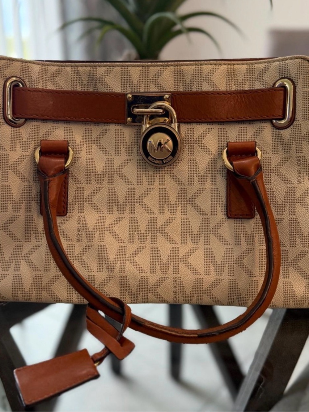 Michael Kors Beige Logo Canvas Tote with Brown Leather Trim